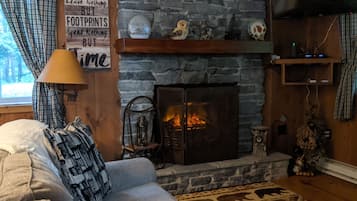 Smart TV, fireplace, DVD player, books