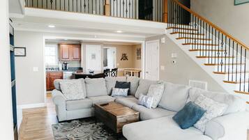 TV connectée, cheminée, livres