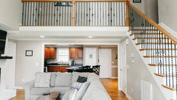 Smart TV, fireplace, books