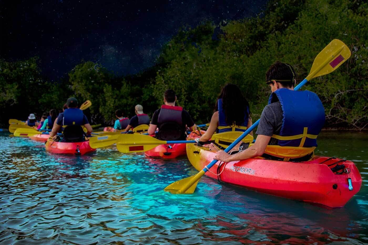 People kayaking on a river at night.