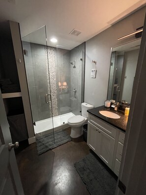 Combined shower/tub, hair dryer, towels, soap