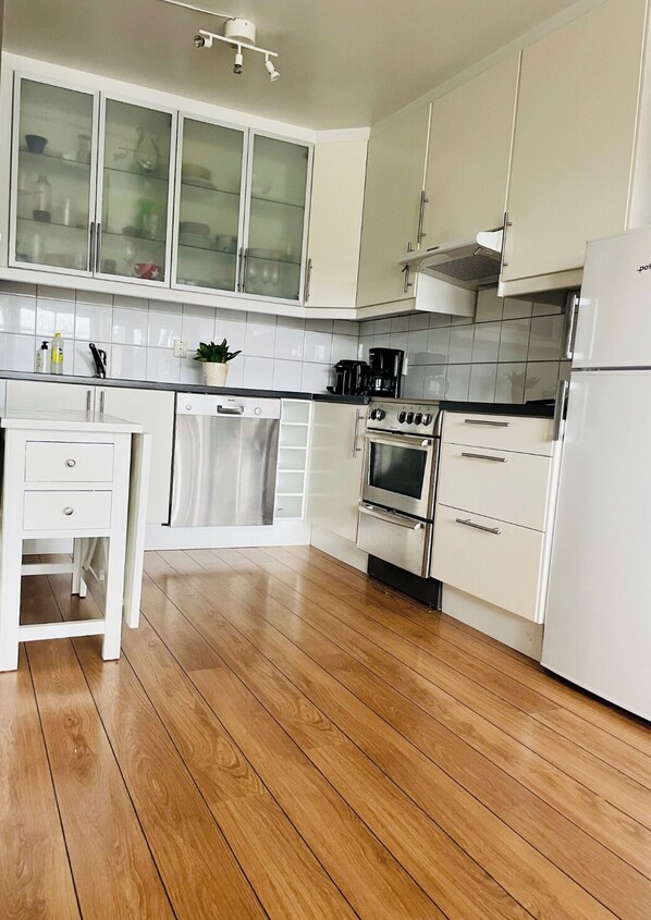 Kitchen features a dishwasher, oven, and refrigerator, with a window above the sink and a plant on the countertop.