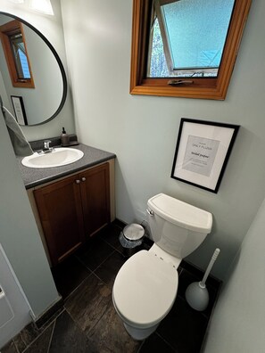 Combined shower/bathtub, hair dryer, towels, soap