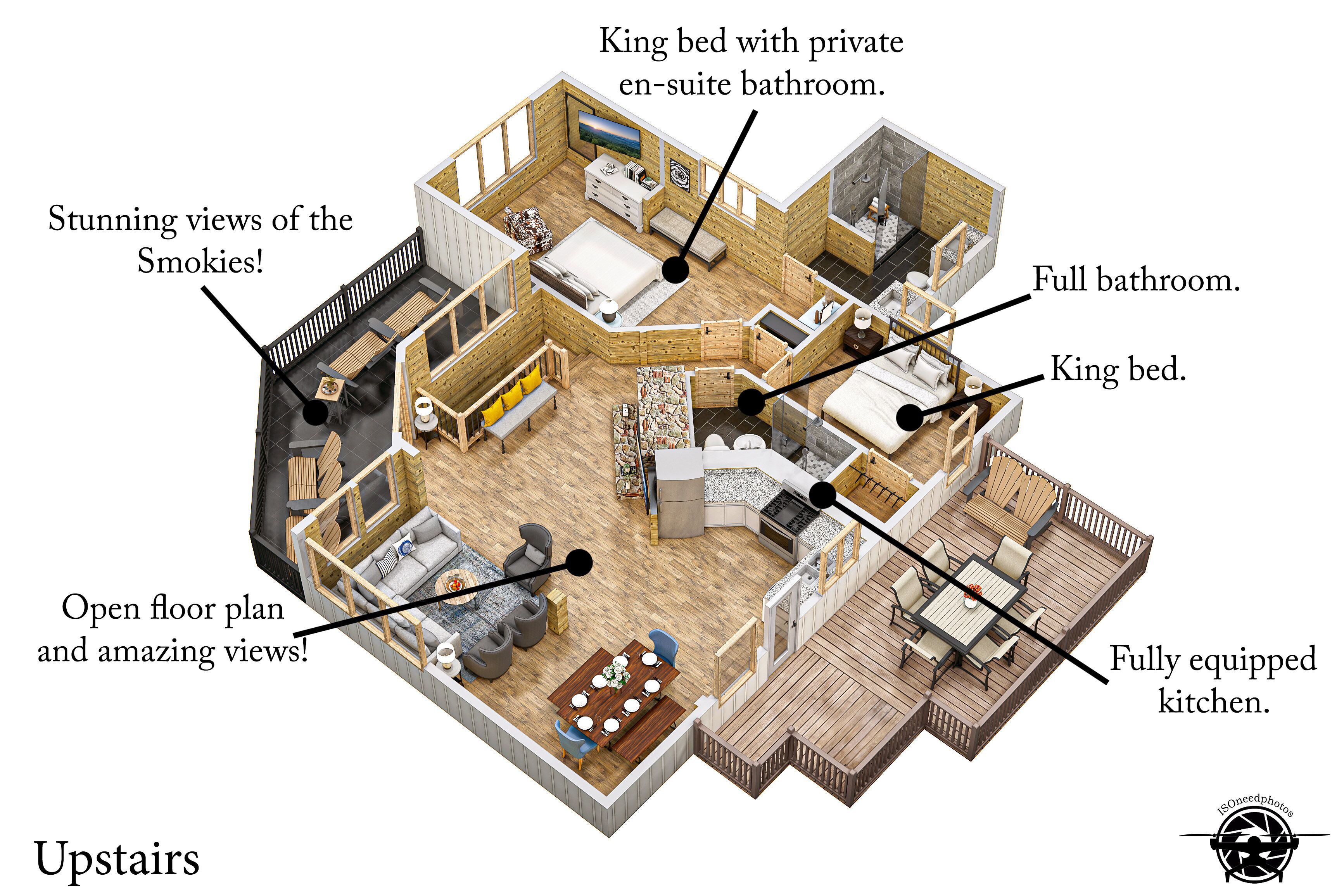 Plano de planta en 3D de una cabaña con cama king size, baño privado, baño completo, distribución abierta y cocina totalmente equipada.