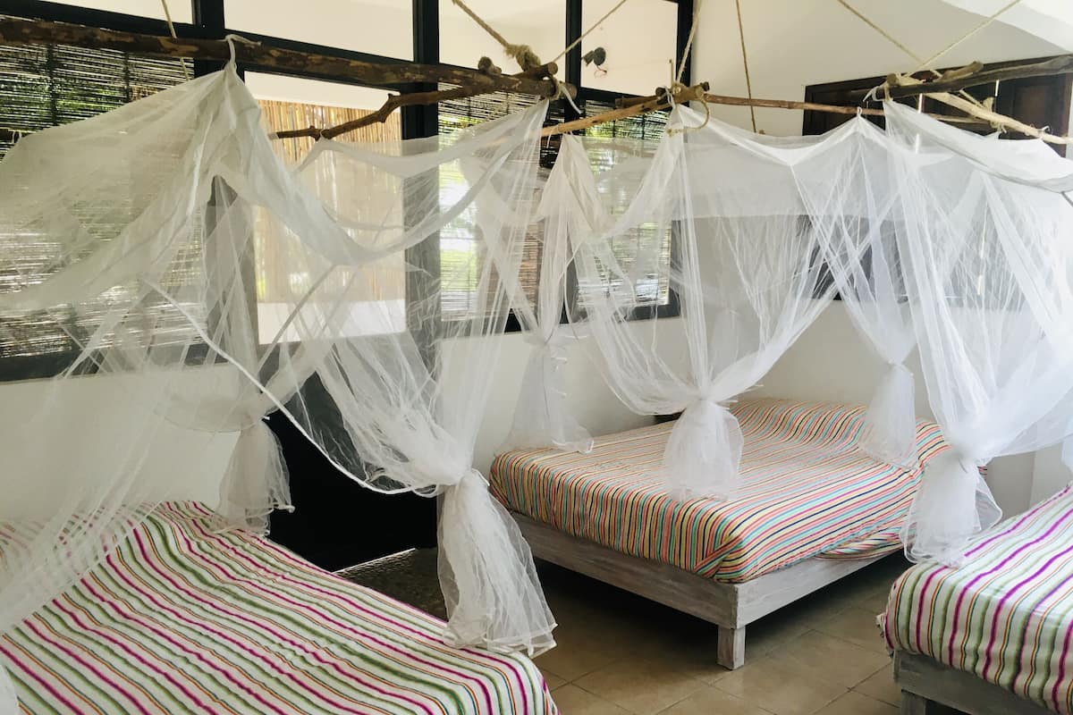 Une chambre avec deux lits, chacun surmonté d’un baldaquin et doté de draps à rayures.