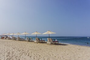 Una playa con filas de tumbonas y sombrillas, un cielo despejado y un mar tranquilo.