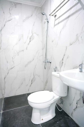 A bathroom with a white toilet, a shower with a handheld showerhead, and a sink with a mirror.