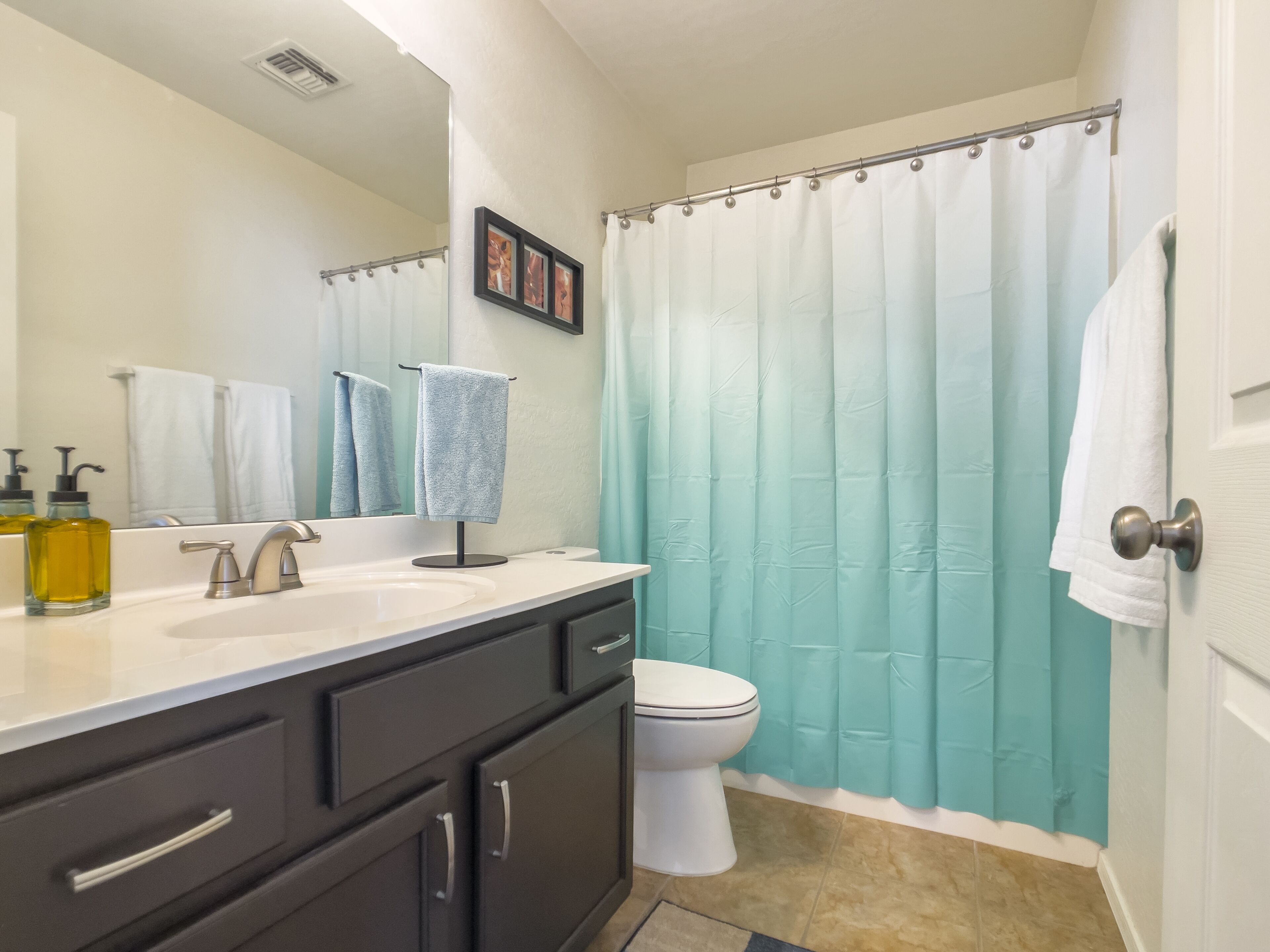 A bathroom with a white sink, dark cabinets, a toilet, a shower curtain, and a mirror with a framed picture.