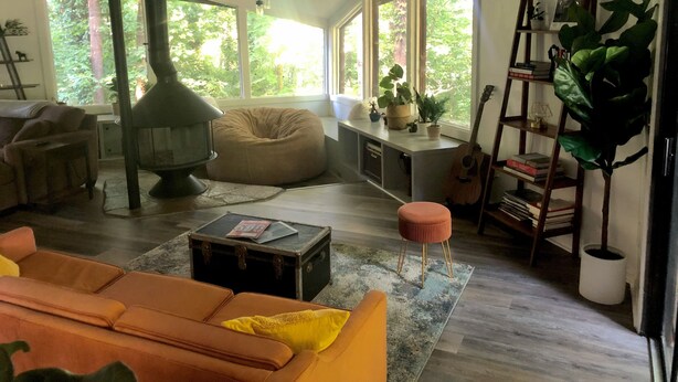 Un salon chaleureux avec une cheminée, de grandes fenêtres, une bibliothèque et une variété de plantes.