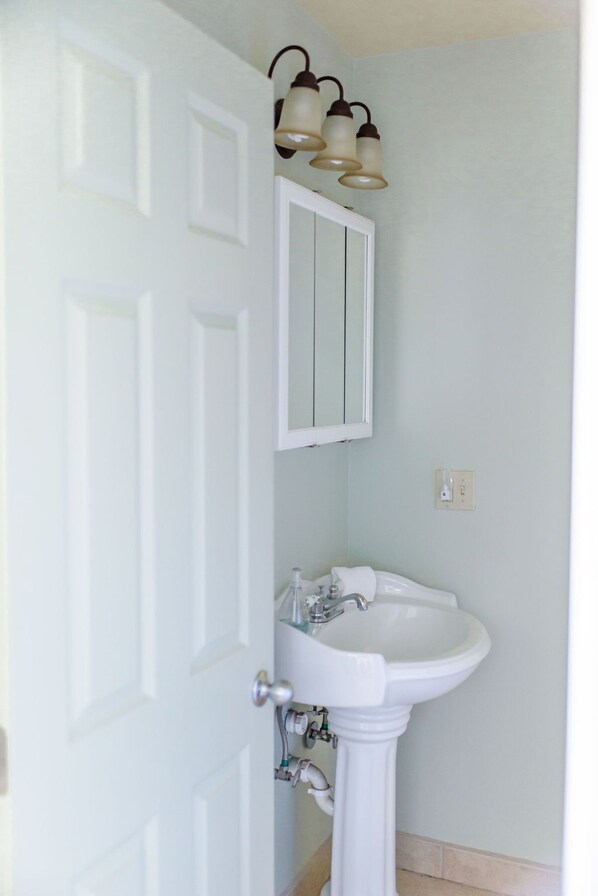 A bathroom with a white pedestal sink, a mirror, and a frosted glass light fixture above the mirror. - Indian Valley Acorn Retreat (San Miguel)