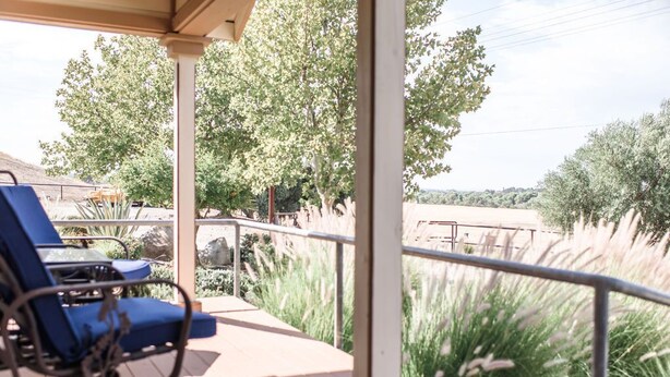 Un espace extérieur abrité, doté d’une terrasse en bois, de chaises bleues et offrant une vue sur un paysage rural avec des arbres et de l’herbe.