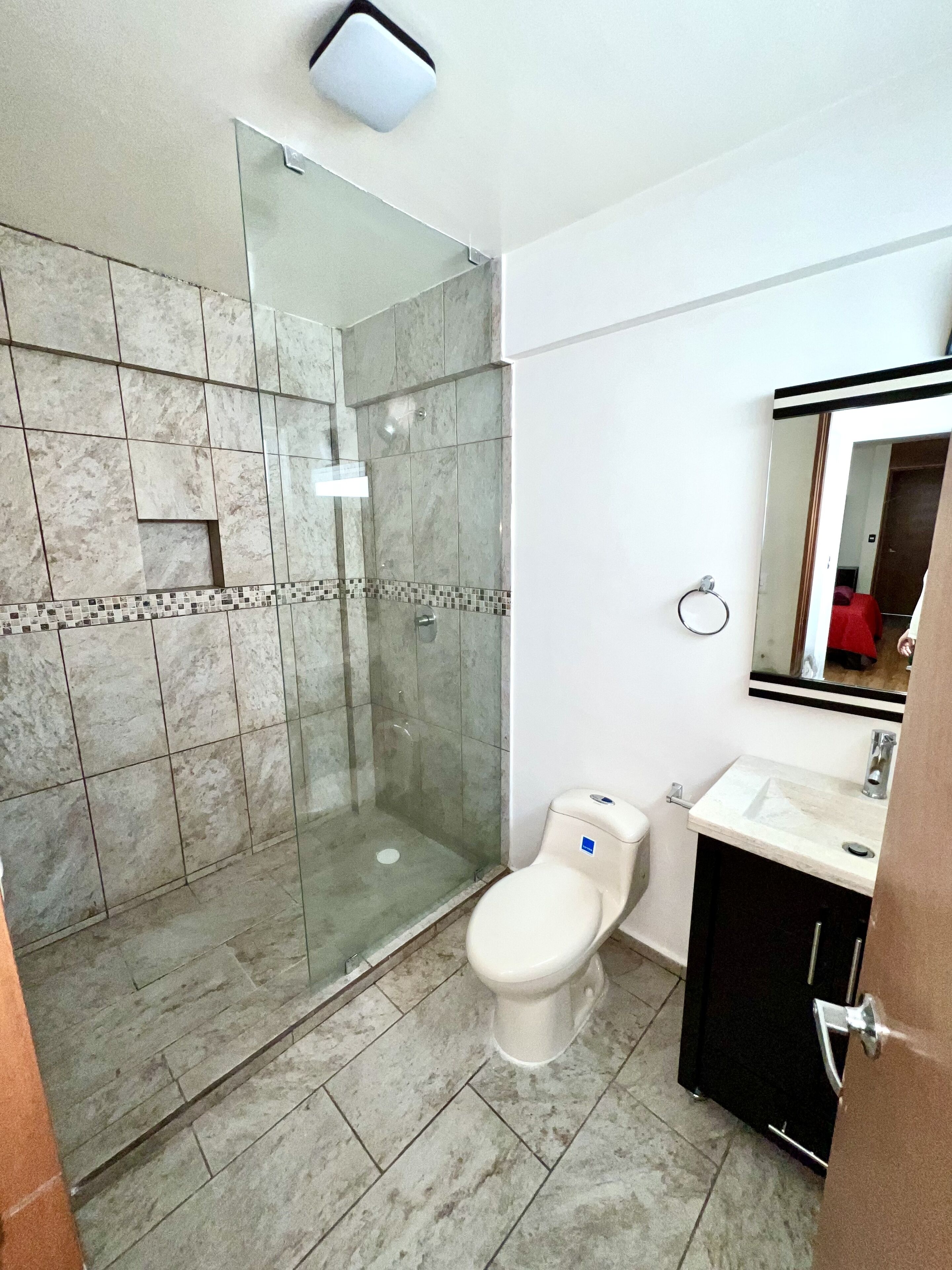 Une salle de bain avec une douche à parois de verre, des toilettes et un lavabo avec un miroir au-dessus.