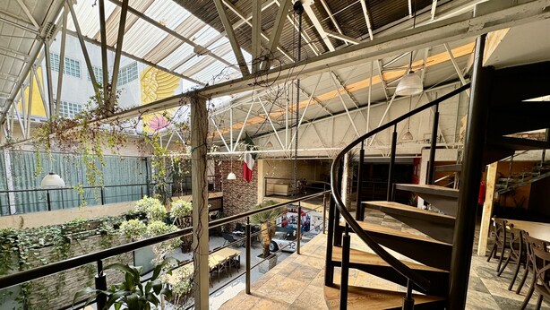 A spacious indoor area with a high ceiling, metal beams, and a staircase. There are multiple seating areas with tables and chairs, and a variety of plants are visible. - Downtown Treasure Place (Mexico City)