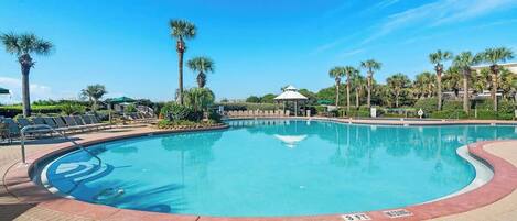 A swimming pool with a curved edge, surrounded by palm trees and lounge chairs.