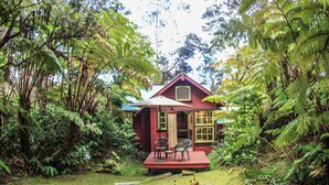 Une petite maison rouge avec une terrasse, entourée d’un feuillage verdoyant et dense.