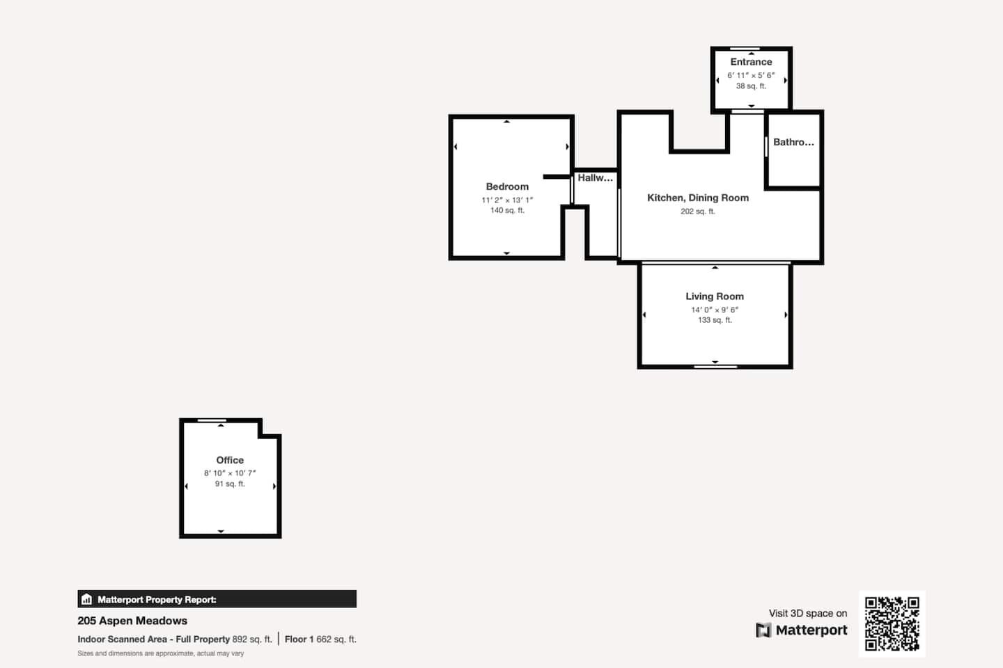 A floor plan of 205 Aspen Meadows with an indoor scanned area of 892 sq. ft. and a full property area of 1662 sq. ft.