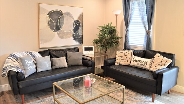 Un salon avec deux canapés en cuir noir, une table basse en verre, un grand tableau abstrait, une plante en pot et une fenêtre avec des rideaux.