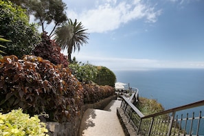 A coastal pathway with a stone wall, greenery, and a view of the sea.