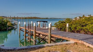 Un muelle de madera que se adentra en aguas tranquilas, rodeado de abundante vegetación y un cielo despejado.