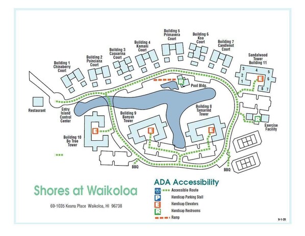 A map of Shores at Waikoloa with ADA accessibility features like accessible routes, parking stalls, and restrooms. - Spacious Condo | A/C | Walk to Beach | Pool | Lanai | Resort Views (Waikoloa)