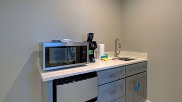 Fridge, microwave, coffee/tea maker, paper towels