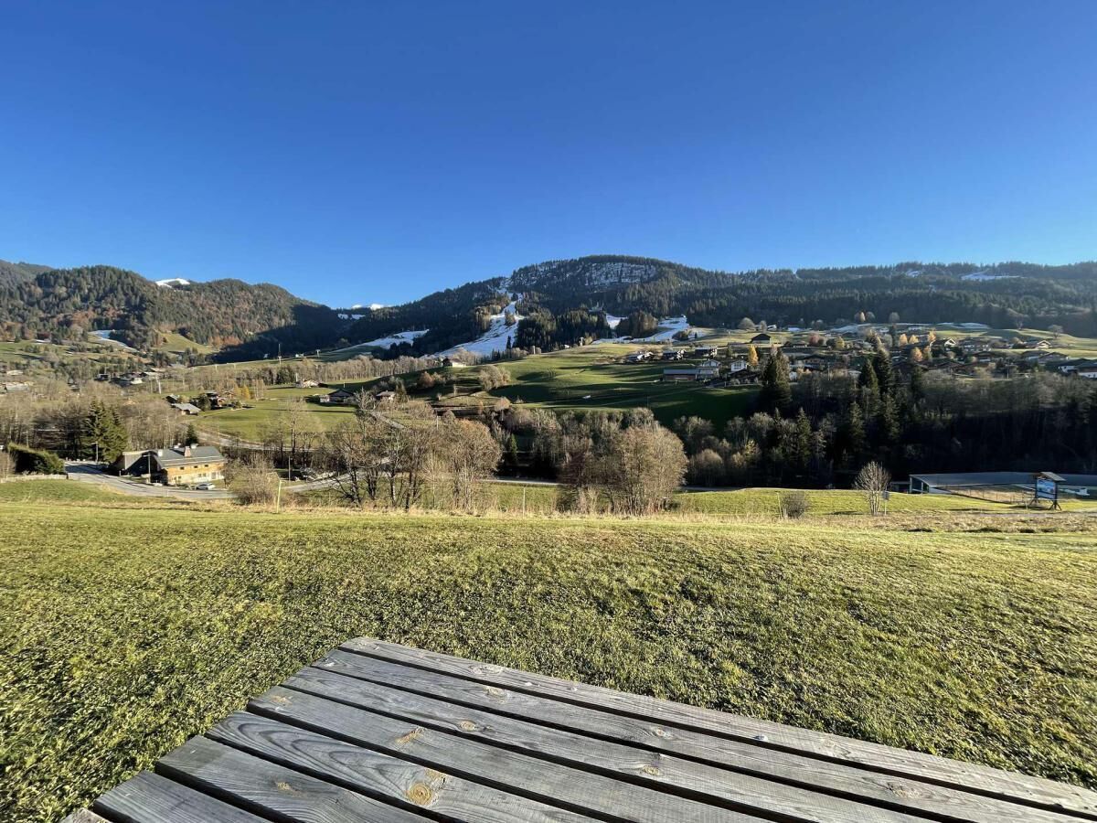 A scenic view of a vineyard with a wooden deck in the foreground.