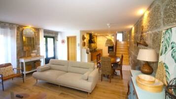 TV connectée, cheminée, livres