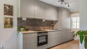 A modern kitchen with grey cabinets, a marble backsplash, and a built-in oven. There are two framed pictures on the wall, a window with natural light, and a plant on the counter.