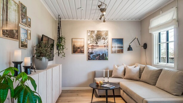 A cozy living room with a sofa, a coffee table, and a bookshelf. There are framed pictures on the wall, a hanging plant, and a window with curtains.
