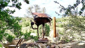 Una escultura rústica al aire libre con estructura metálica y base de madera, rodeada de rocas y follaje.