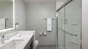 A modern bathroom with a glass shower enclosure, a white sink, and a toilet.
