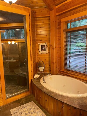 Combined shower/bathtub, jetted bath, hair dryer, towels