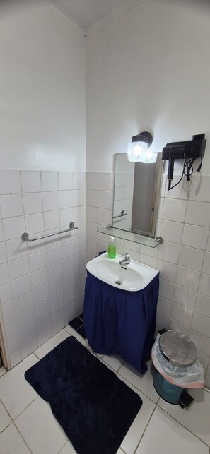 Regadera, toallas, jabón, papel de baño