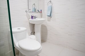 Ensemble douche/baignoire, serviettes fournies, savon, papier toilette