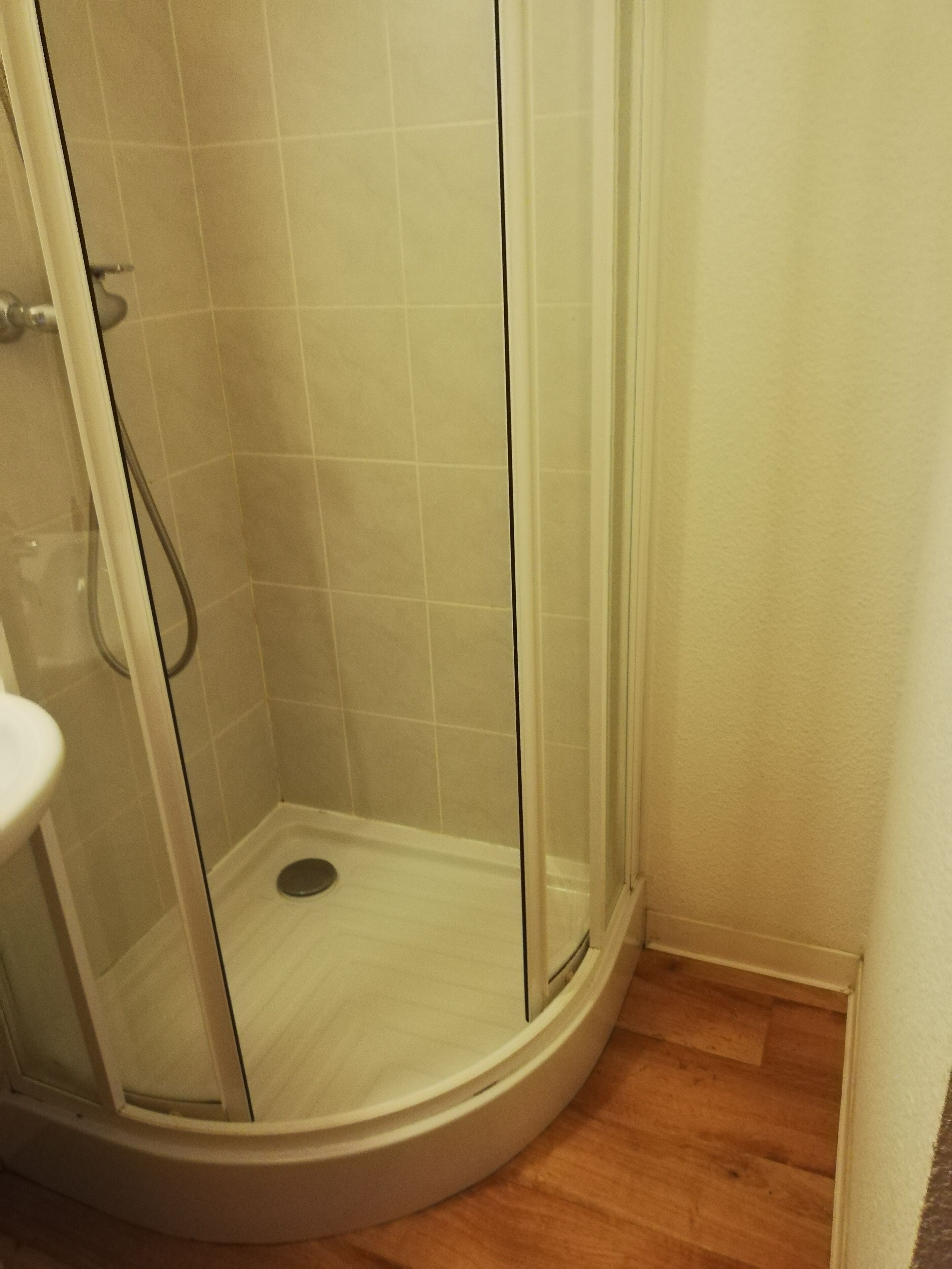 Une douche d’angle avec une porte en verre, un lavabo blanc et un plancher en bois.
