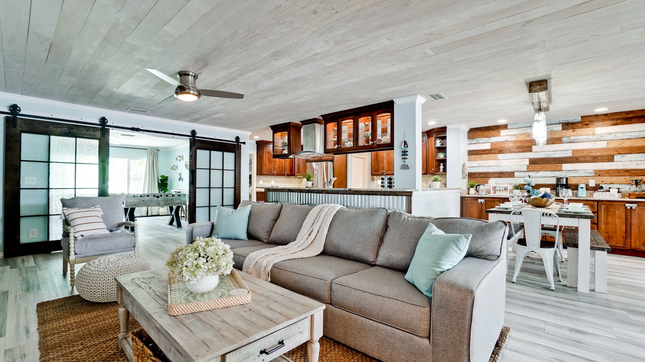 Smart TV, fireplace, video games, foosball