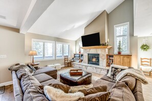 Smart TV, fireplace, books