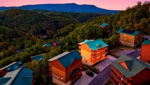 Un ensemble de chalets en bois aux toits verts, entourés d’une forêt dense et avec des montagnes en arrière-plan.