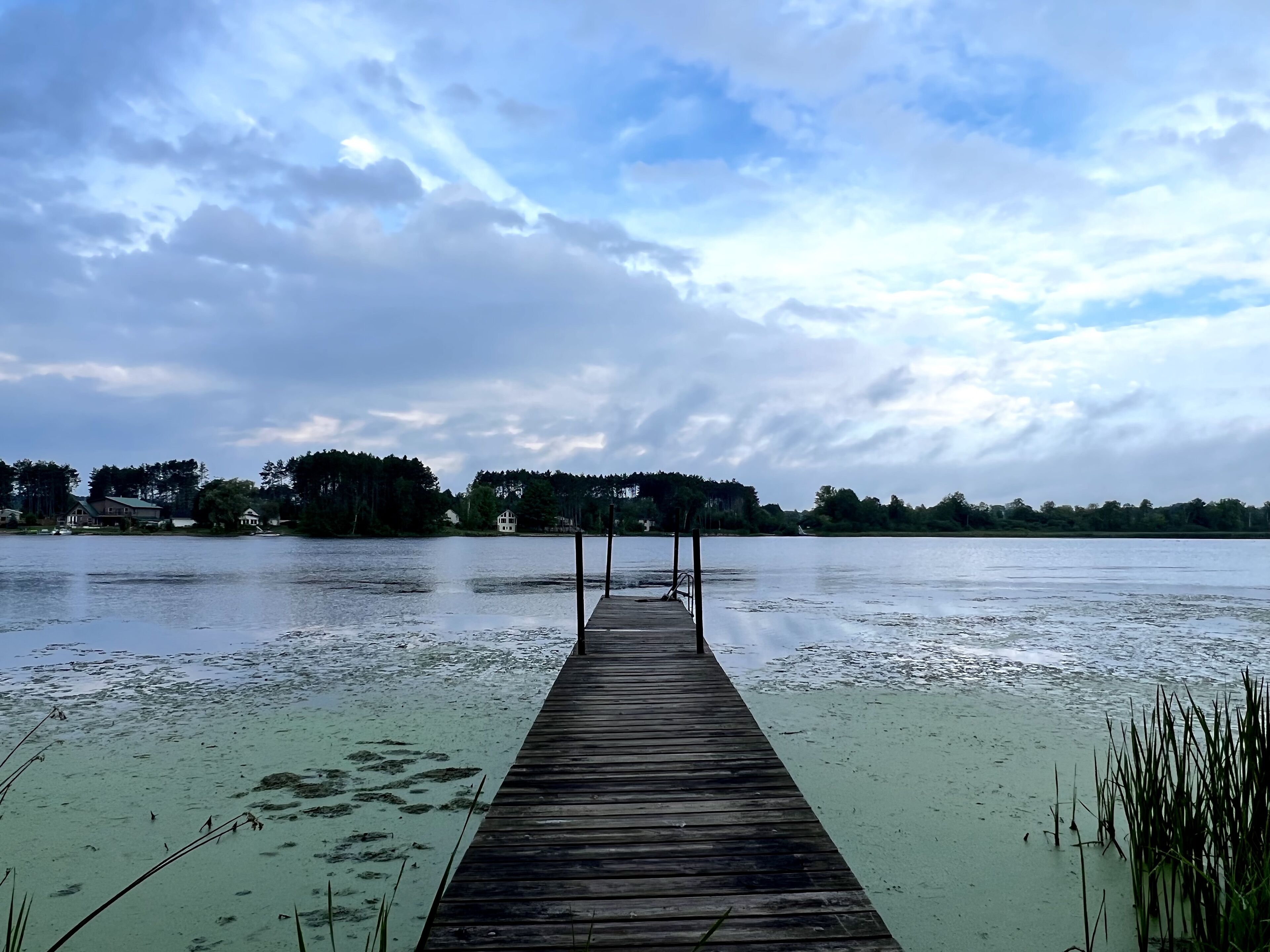 A wooden pier extending into a calm lake with houses in the background.