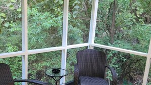 A covered outdoor seating area with wicker chairs and a small table, surrounded by large windows offering a view of dense greenery. - Chic, newly renovated townhome (North Charleston)