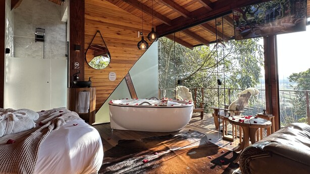 Un interior moderno con techo de madera, una bañera grande, un sofá y vistas a árboles.