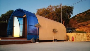 Un bâtiment moderne, de forme semi-circulaire, avec une façade bleue et beige, une porte et un petit espace de porche agrémenté de plantes en pot.