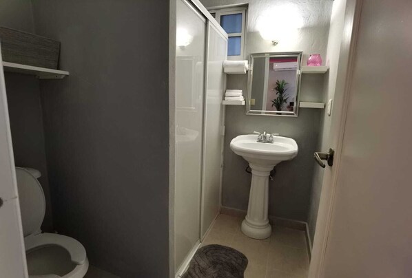 Une petite salle de bain comprenant des toilettes, un lavabo sur colonne et un miroir.