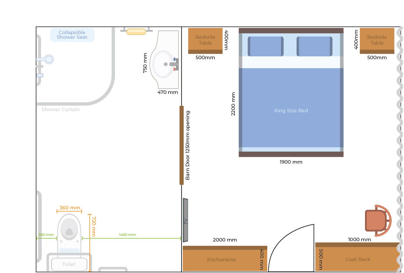 Distribución de una habitación con una cama tamaño king, baño con inodoro y kitchenette.