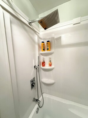 Combined shower/tub, hair dryer, bidet, towels