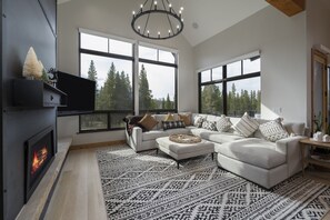 TV, fireplace, books