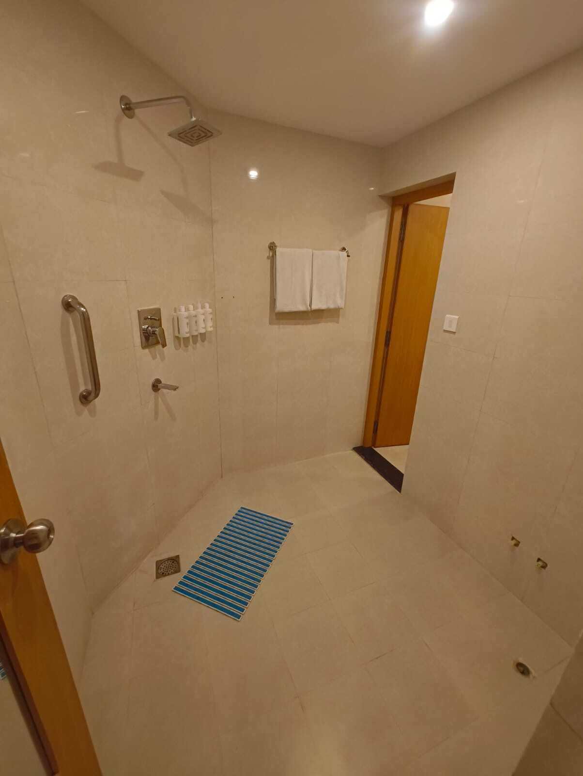 A bathroom with a shower, a handrail, a towel rack, and a door.