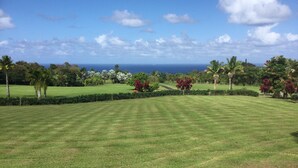 A well-maintained golf course with a clear view of the ocean in the distance.
