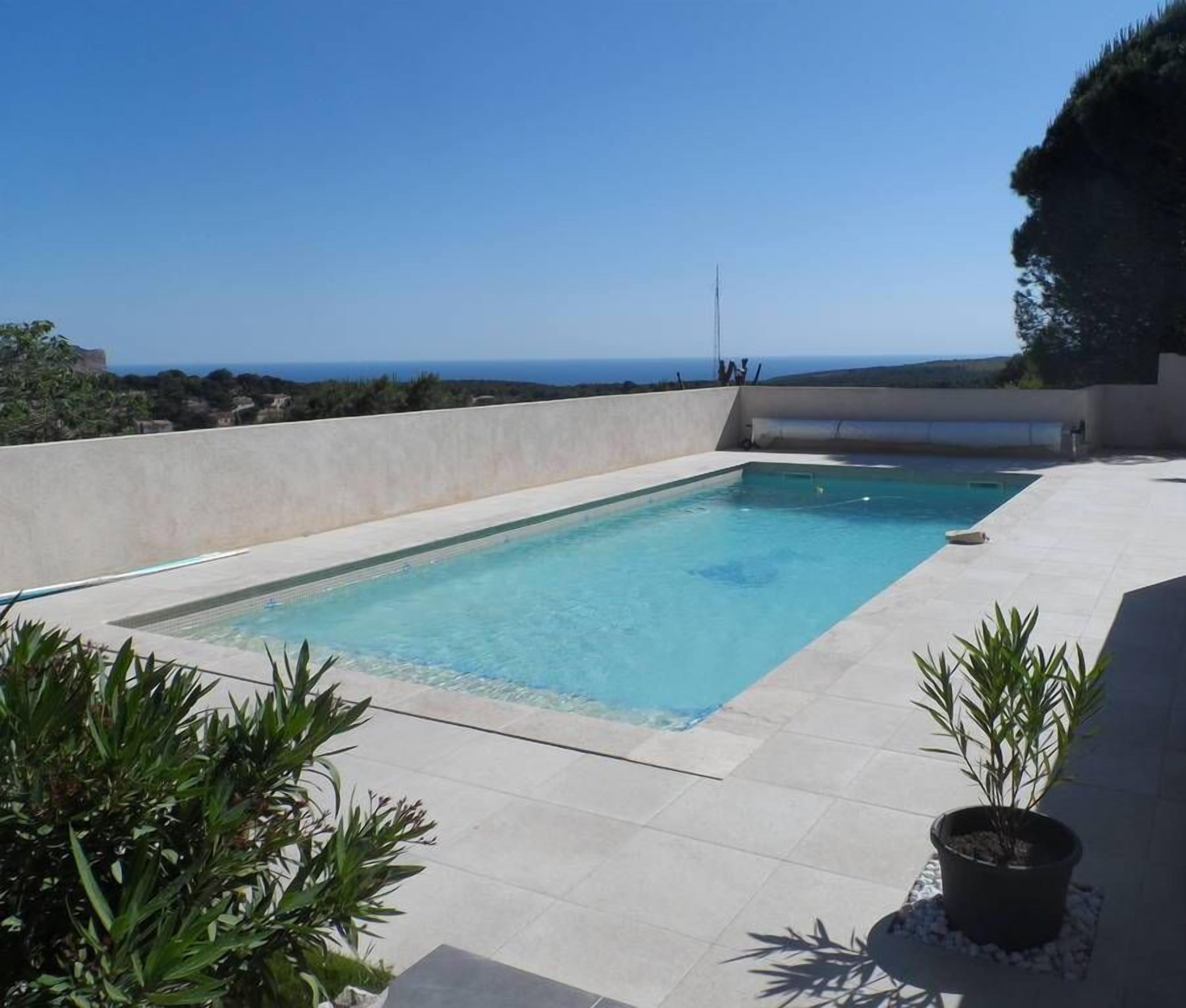 Une piscine rectangulaire à l’eau d’un bleu limpide, entourée d’un petit muret et agrémentée de plantes en pot.