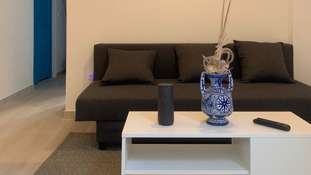 Een moderne woonkamer met een donkergrijze bank, een witte salontafel en een blauwe vaas met decoratieve takken.